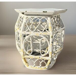 Vintage 1970's Boho Wicker Rattan Side Table Hex Chinoiserie Plant Stand, 18"
